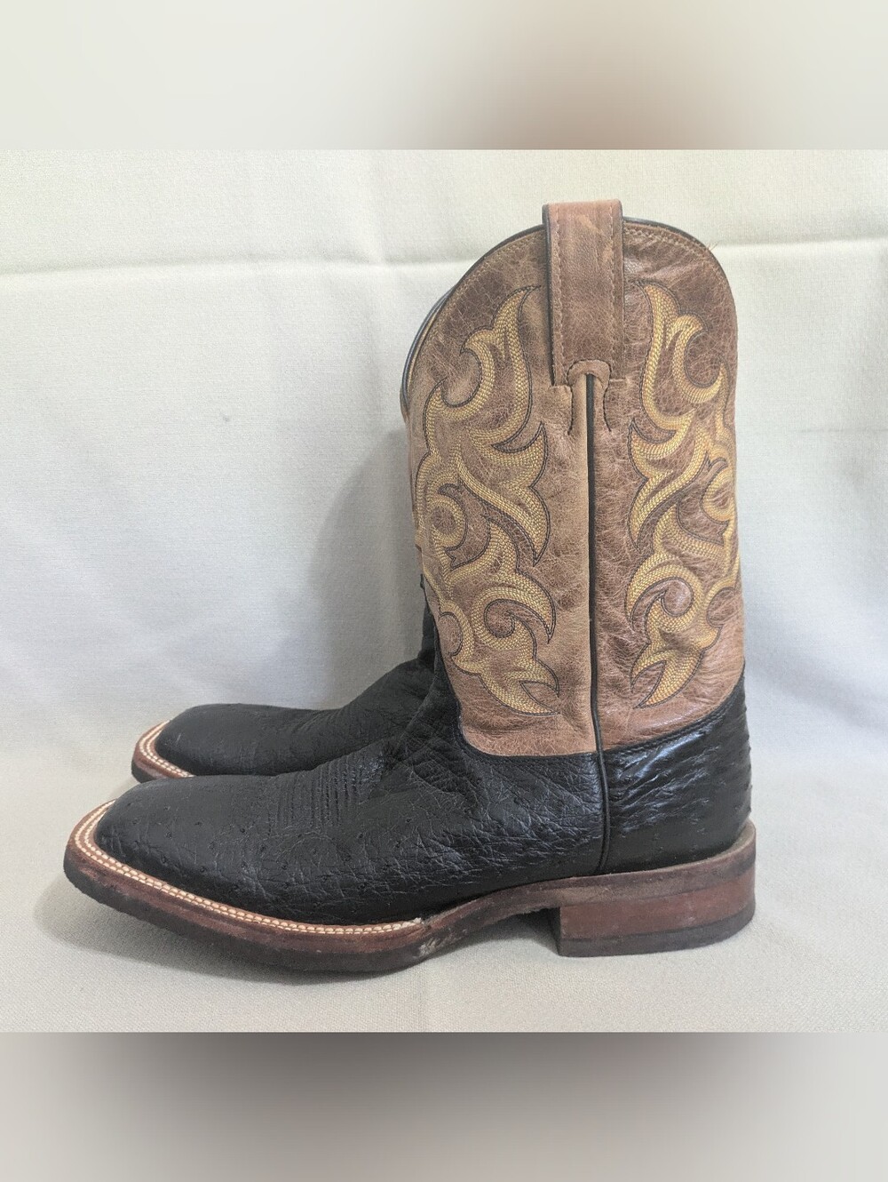 Mens 11.5D Justin Tekno Crepe Sole Black Ostrich Leather Cowboy Square Toe Boots